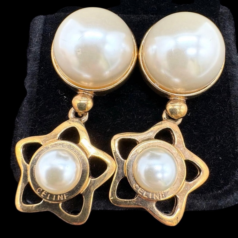 Celine Vintage Gold Plated and Pearl Star Earrings